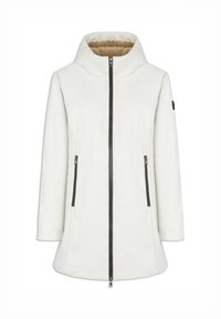 Valkoinen huppupäinen talvitakki, jossa on etuvetoketju ja kaksi pystysuoraa vetoketjullista taskua. Hupun sisäpuolella on pehmeä ruskea vuori.