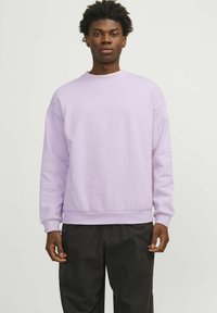 Sudadera lila de corte casual, con cuello redondo y puños acanalados. Tela suave con un sutil logo en el pecho. Combinada con pantalones oscuros.