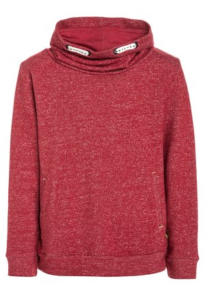 Rød prikket sweatshirt med bred koldkrave og to hvide snørelukninger ved kraven, lange ærmer og ribkant forneden.