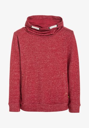 Roter gepunkteter Pullover mit weitem Schalkragen und zwei weißen Schnürösen am Kragen, langen Ärmeln und geripptem Saum.