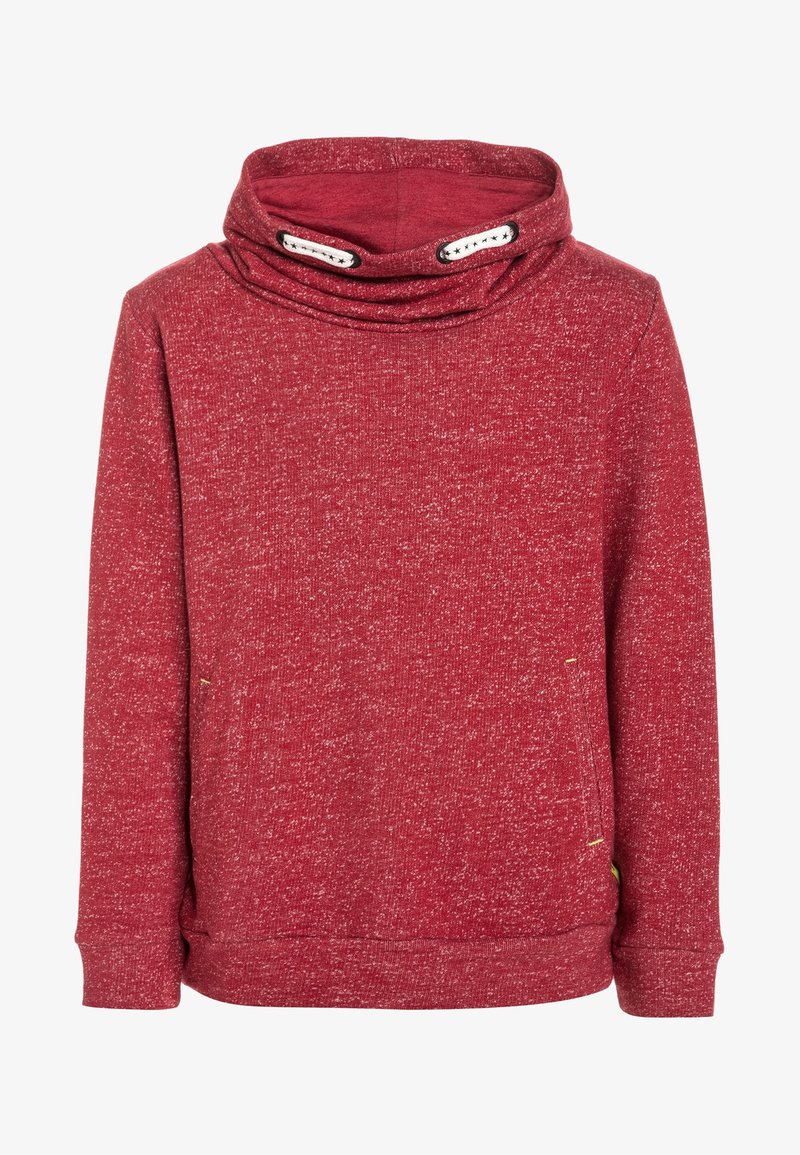 Sweat-shirt rouge moucheté avec un large col bénitier et deux œillets blancs à lacets au col, manches longues et ourlet côtelé.