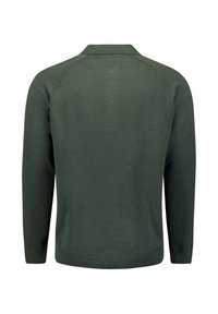 Donkergroene gebreide trui met een kraag, ribgebreide zoom en manchetten, en raglanmouwen. Soepele textuur en eenvoudig ontwerp zonder patronen.