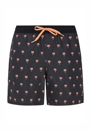 Pantaloni da nuoto neri con piccoli motivi di palme rosa, vita elastica e cordoncino. Tessuto testurizzato con dettaglio logo sull'orlo.