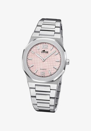 Quarz-Armbanduhr aus Edelstahl mit einem achtkantigen Gehäuse, pinkfarbenem strukturiertem Zifferblatt, silbernen Indizes und einem eleganten Metall-Gliederarmband.