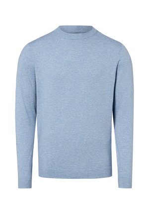Pull bleu clair à manches longues avec col rond côtelé et ourlet côtelé, présenté sur fond blanc.