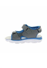 Grijze en blauwe sandaal met verstelbare banden, mesh bovenkant, gevoerde voetbed en witte, gestructureerde zool. Heeft een sportief ontwerp en ademend materiaal.