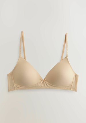 Beige bralette dengan cup segitiga yang sedikit dilapisi. Tali yang dapat disesuaikan, simpul dekoratif di tengah, dan tekstur kain yang halus.