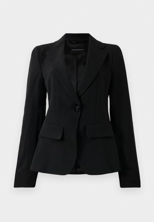 Black tailored blazer with notch lapels, single black button closure, and two front flap pockets, displayed against a plain white background.