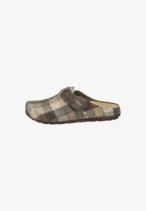 Bruine geruiten sloffen van vilt, met een ronde neus, open achterkant en een band bovenop. De zool heeft een structuur voor grip.