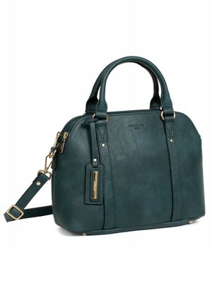 Sac à main en cuir turquoise avec accessoires dorés, sommet arrondi, deux poignées et une bandoulière réglable. Fini texturé avec fermeture éclair.
