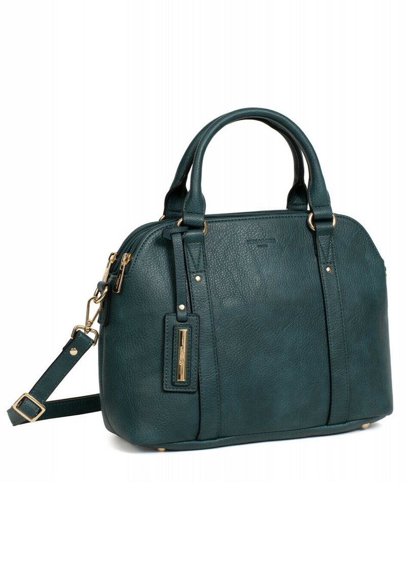 Borsa a tracolla in pelle verde acqua con finiture dorate, forma arrotondata, manici doppi e tracolla regolabile. Finitura texturizzata con chiusura a zip.