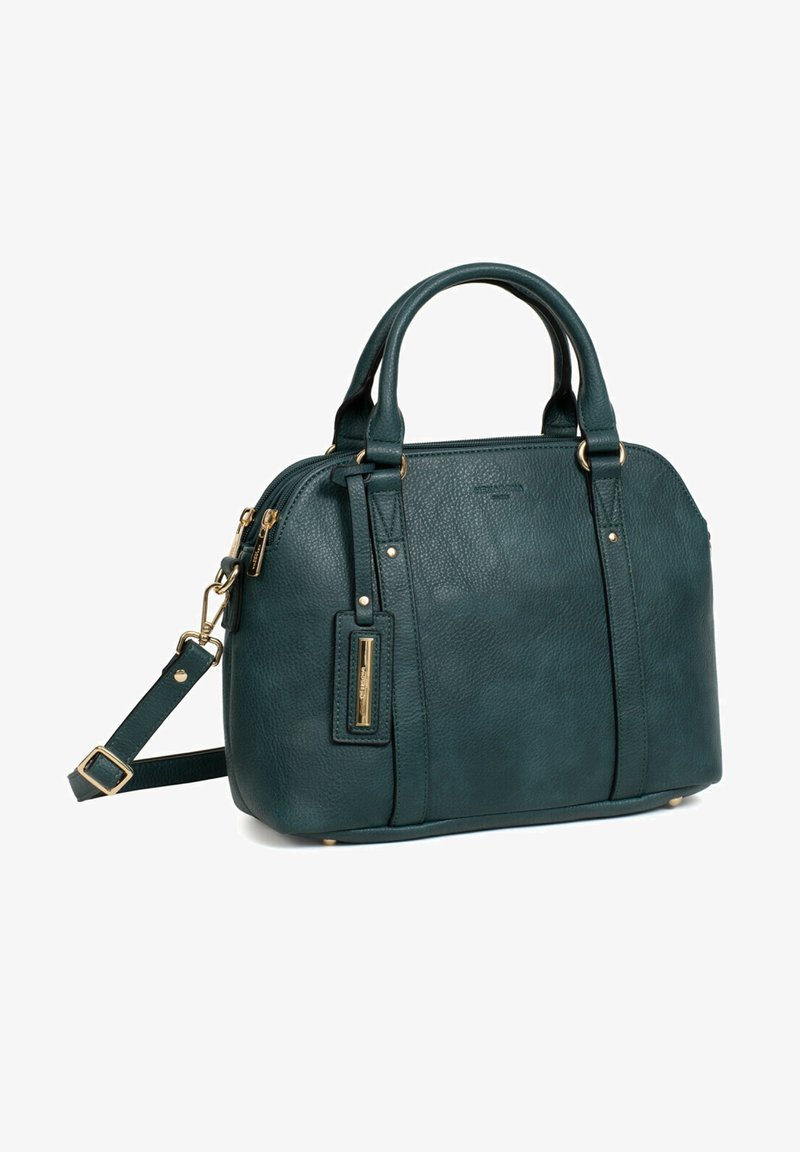 Borsa a tracolla in pelle verde acqua con finiture dorate, forma arrotondata, manici doppi e tracolla regolabile. Finitura texturizzata con chiusura a zip.