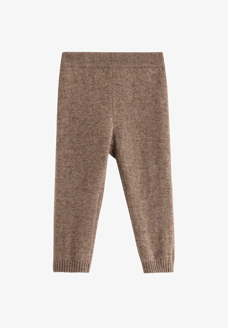 Braune gestrickte Wollhosen mit geripptem Bund und Bündchen, entworfen für Wärme und Komfort.