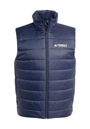 Marineblå isoleret vest med quiltet tekstur, høj krave og frontal lynlås. Udstyret med hvid "TERREX" logo på brystet. Letvægtsmateriale.