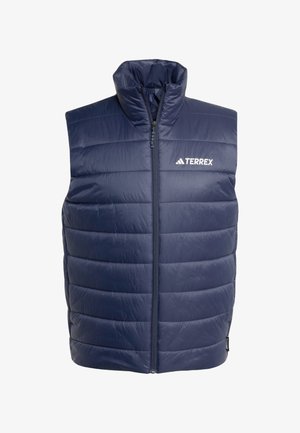 Chaleco aislante azul marino con textura acolchada, cuello alto y cremallera delantera. Cuenta con el logotipo blanco "TERREX" en el pecho. Material ligero.
