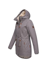Gray waterproof jacket with fleece lining, adjustable hood, drawstrings, and brown leather accents. Features side and chest pockets.
