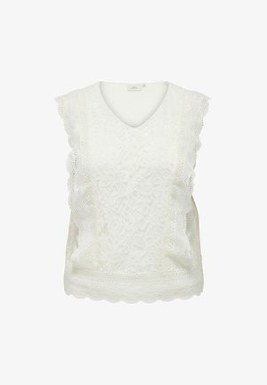 Vit ärmlös blus i spets med scallopedkanter och blommönster, med V-ringning och fina virkade detaljer.