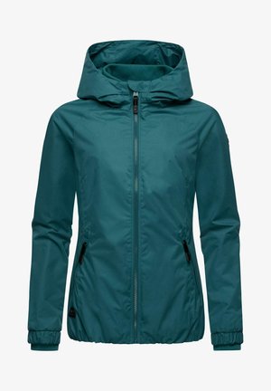 Tirkizna vodootporna jakna s kapuljačom, punim zatvaračem, bočnim džepovima, elastičnim manžetama i povučenim dugmetom za oblikovan siluetu. Glatka tekstura.