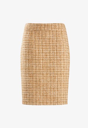 Kudottu kynähame beige ja ruskeassa ruutukuosissa, jossa on tiukka muotoilu ja sileä pinta, sekä elastinen vyötärö.