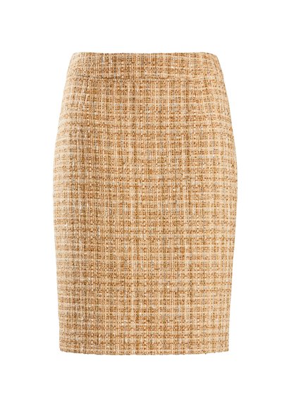 Kudottu kynähame beige ja ruskeassa ruutukuosissa, jossa on tiukka muotoilu ja sileä pinta, sekä elastinen vyötärö.