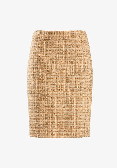 Auduma zīmuli svārki bēšā un brūnā pārbaudītā rakstā, ar pieguļošu dizainu un gludu tekstūru, ar elastīgu jostas iestrādi.