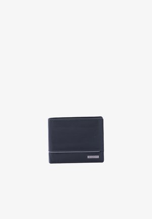 Black leather wallet with a smooth texture, bi-fold design, and a stitched accent; features a metallic logo on the front.