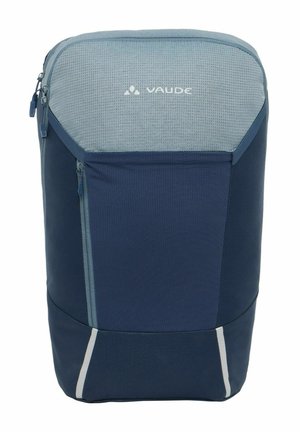 Zaino durevole blu e grigio con una parte frontale imbottita e testurizzata, scomparti con zip e accenti riflettenti per una migliore visibilità.