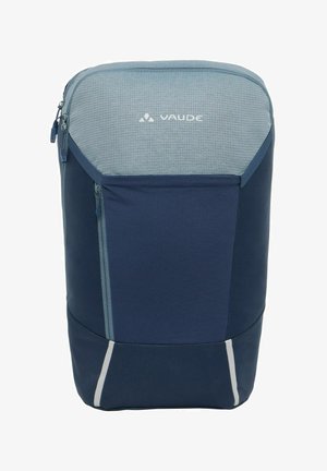 Zaino durevole blu e grigio con una parte frontale imbottita e testurizzata, scomparti con zip e accenti riflettenti per una migliore visibilità.