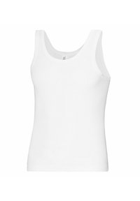 White cotton tank top featuring a rounded neckline, wide shoulder straps, and a ribbed texture for a fitted appearance.