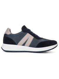 Men’s low-top sneaker in navy blue and beige leather with white sole, lace-up closure, and cushioned heel collar.