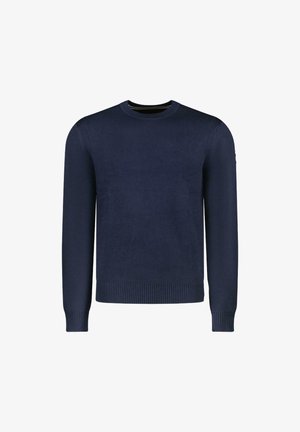 Marineblauwe ronde hals trui van zachte stof, met ribgebreide manchetten en zoom, met horizontale ribbels op de schouders.