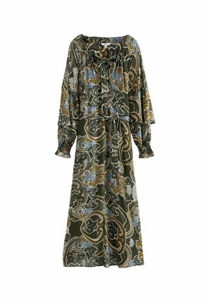 GATHERED TIE NECK VOLUME SLEEVE - Maxi šaty - khaki green