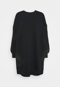 Schwarzes, oversized Sweatshirt-Kleid mit Rundhalsausschnitt, tief sitzenden Schultern, langen Puffärmeln und abgerundetem Saum. Hergestellt aus weichem Baumwollmaterial.