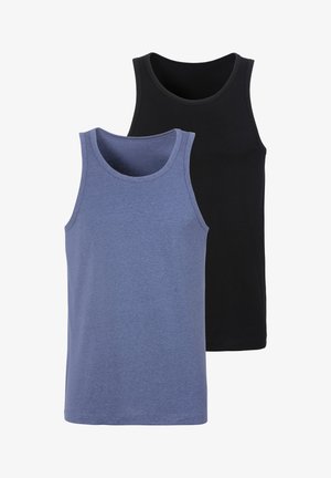 Two tank tops: one in heather blue with a smooth texture, and one in solid black. Both feature wide necklines and are sleeveless.