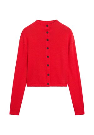 Red knitted cardigan with a round neckline, featuring a button-down front with black buttons and long sleeves. Cropped length.