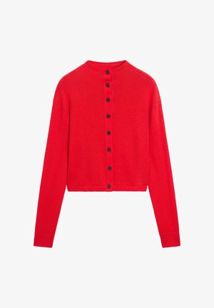 Red knitted cardigan with a round neckline, featuring a button-down front with black buttons and long sleeves. Cropped length.