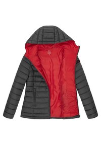 Veste matelassée noire à capuche avec doublure intérieure rouge, fermeture éclair, poches latérales zippées, taille petite, étalée à plat avec le devant ouvert.