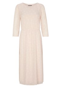 Hellrosa Midikleid aus weichem Stoff, mit elastischem Taillenbund, Dreiviertelärmeln und einem weißen Punktenmuster.