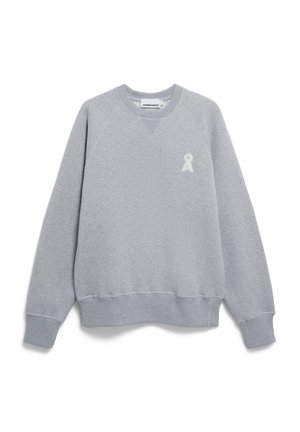 Grijze sweatshirt gemaakt van zachte stof met een ronde halslijn, raglanmouwen en een klein wit lintlogo op de borst. Standaard pasvorm en geribbelde manchetten.