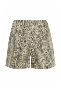 Slangenprint shorts in beige en bruine tinten, met een gestructureerd patroon, twee achterzakken en een ontspannen pasvorm.