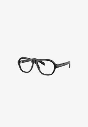 Lunettes noires en plastique avec une forme rectangulaire surdimensionnée et une finition brillante. Marque notable sur la branche.