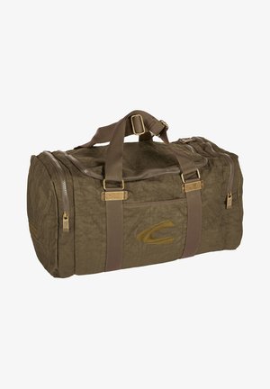 Zielona oliwkowa torba podróżna wykonana z teksturowanej tkaniny, z podwójnymi kieszeniami zapinanymi na zamek błyskawiczny, górnymi uchwytami oraz regulowanym paskiem na ramię.