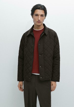 Dunkelbraune steppjacke mit Hemdkragen, Druckknöpfen, getragen über einem roten Pullover, kombiniert mit dunklen Hosen. Einfarbiger Hintergrund.