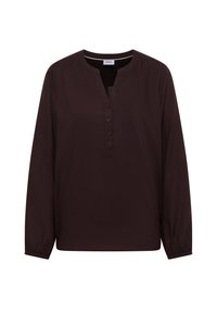 Tmavě hnědý svetr s dlouhým rukávem a výstřihem do V, s knoflíkovou légou a nabíranými manžetami. Vyrobeno z hladké tkaniny s volným střihem.