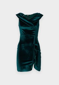 Robe en velours bleu canard avec un design enroulé, sans manches, présentant un détail de volants asymétriques à l'avant et une fermeture éclair dissimulée dans le dos.