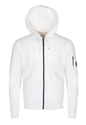 Felpa con cappuccio bianca con zip integrale, tasche frontali, cappuccio con coulisse regolabile e tasca con zip sul braccio sinistro con dettaglio circolare nero.