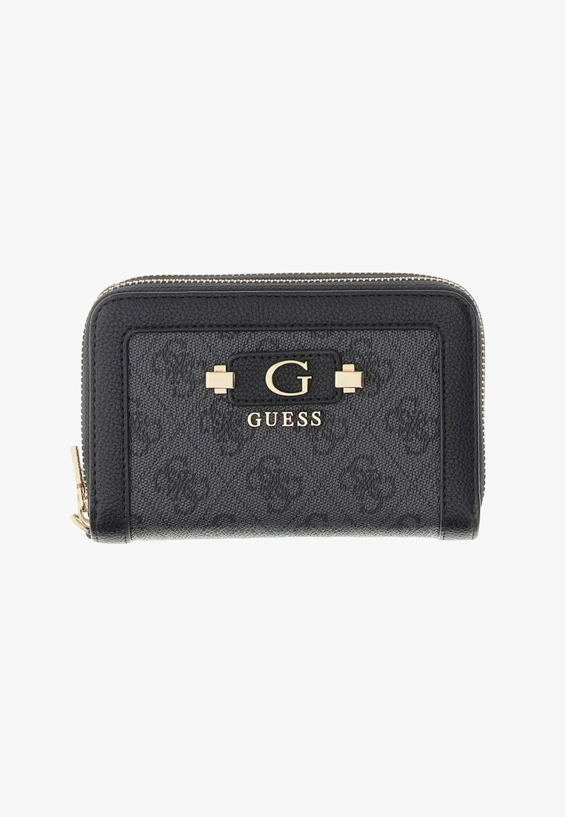 Μαύρο πορτοφόλι Guess με υφασμένο λογότυπο, χρυσό έμβλημα "G" και κλείσιμο με φερμουάρ στην πάνω άκρη.