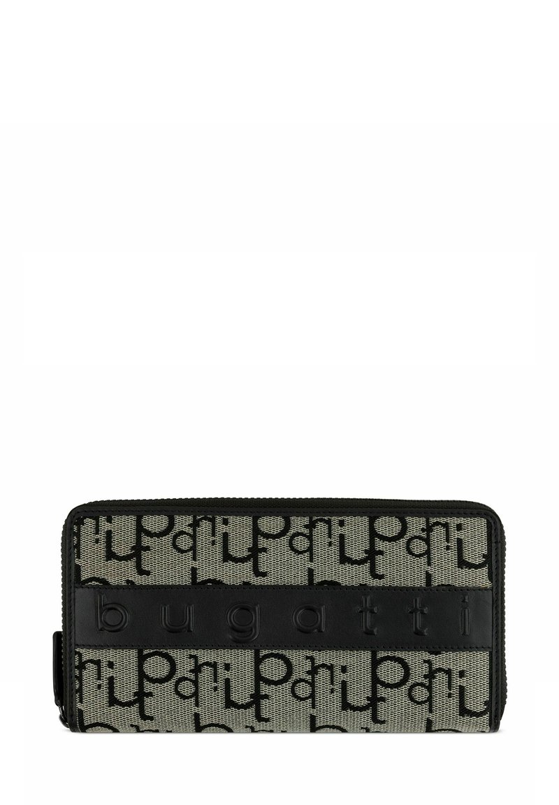 Portefeuille rectangulaire avec fermeture éclair noire, tissu beige imprimé de lettres abstraites noires, et bande en cuir noir embossée du logo "bugatti".