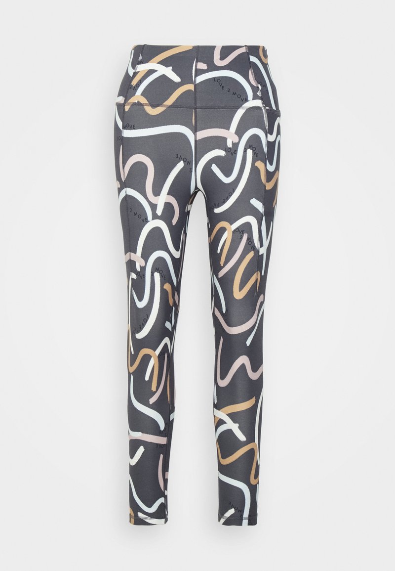 Leggings feitos de tecido elástico apresentam um fundo cinza escuro com padrões lineares abstratos coloridos em branco, rosa, laranja e amarelo.