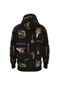 Felpa nera con cappuccio decorata con loghi Puma colorati, testo "Sportstyle" e molteplici grafiche stilizzate di puma in rosso, verde, giallo e bianco su tutta la superficie.